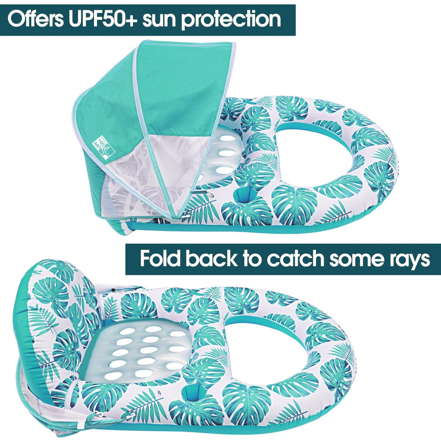 COOLCOOLDEE Pool Lounge Float with Canopy – UPF50+, Extra Large for Adults, Cup Holder & Backrest (Green)