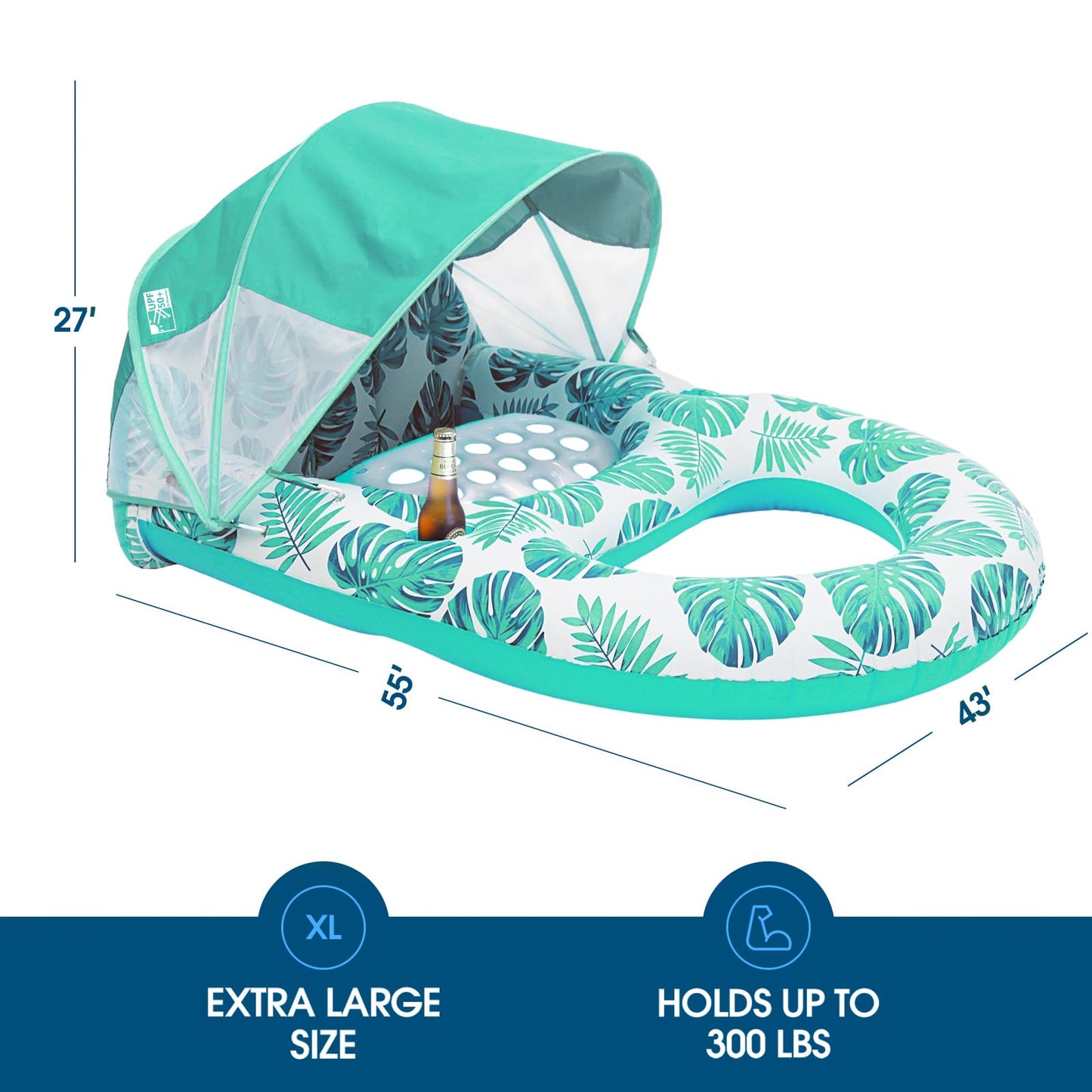 COOLCOOLDEE Pool Lounge Float with Canopy – UPF50+, Extra Large for Adults, Cup Holder & Backrest (Green)