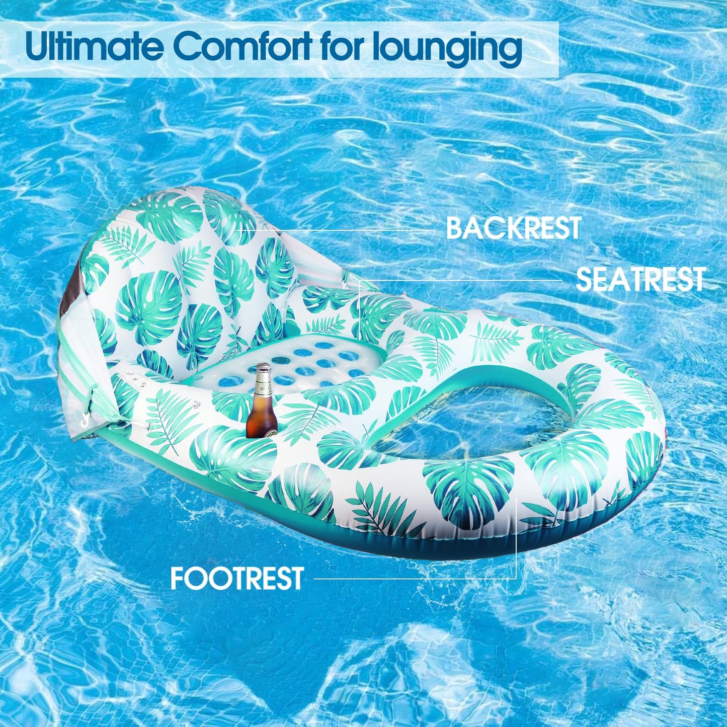COOLCOOLDEE Pool Lounge Float with Canopy – UPF50+, Extra Large for Adults, Cup Holder & Backrest (Green)