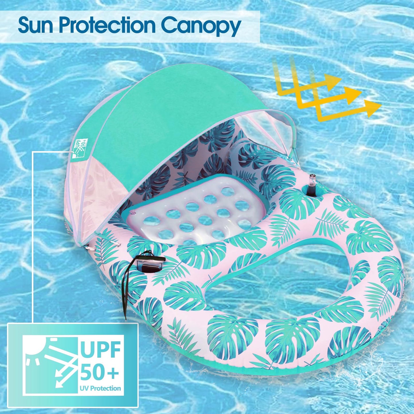 COOLCOOLDEE Pool Lounge Float with Canopy – UPF50+, Extra Large for Adults, Cup Holder & Backrest (Green)