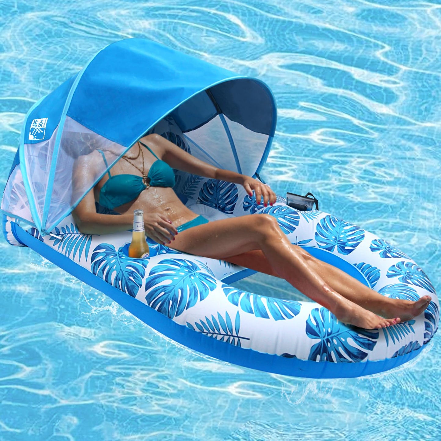 COOLCOOLDEE Pool Lounge Float with Canopy – UPF50+ Shade, Extra Large, Heavy-Duty Inflatable Lounger