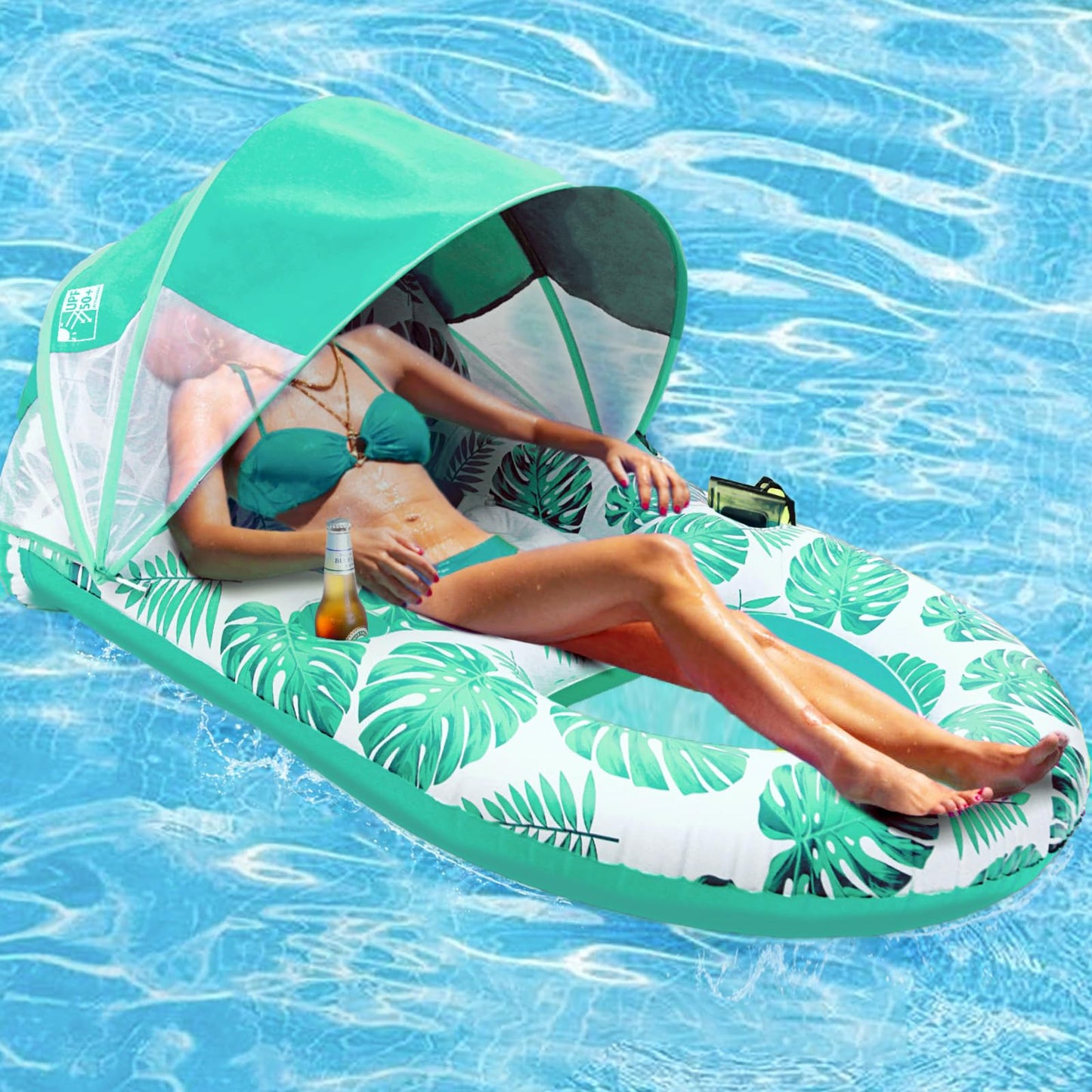 COOLCOOLDEE Pool Lounge Float with Canopy – UPF50+, Extra Large for Adults, Cup Holder & Backrest (Green)
