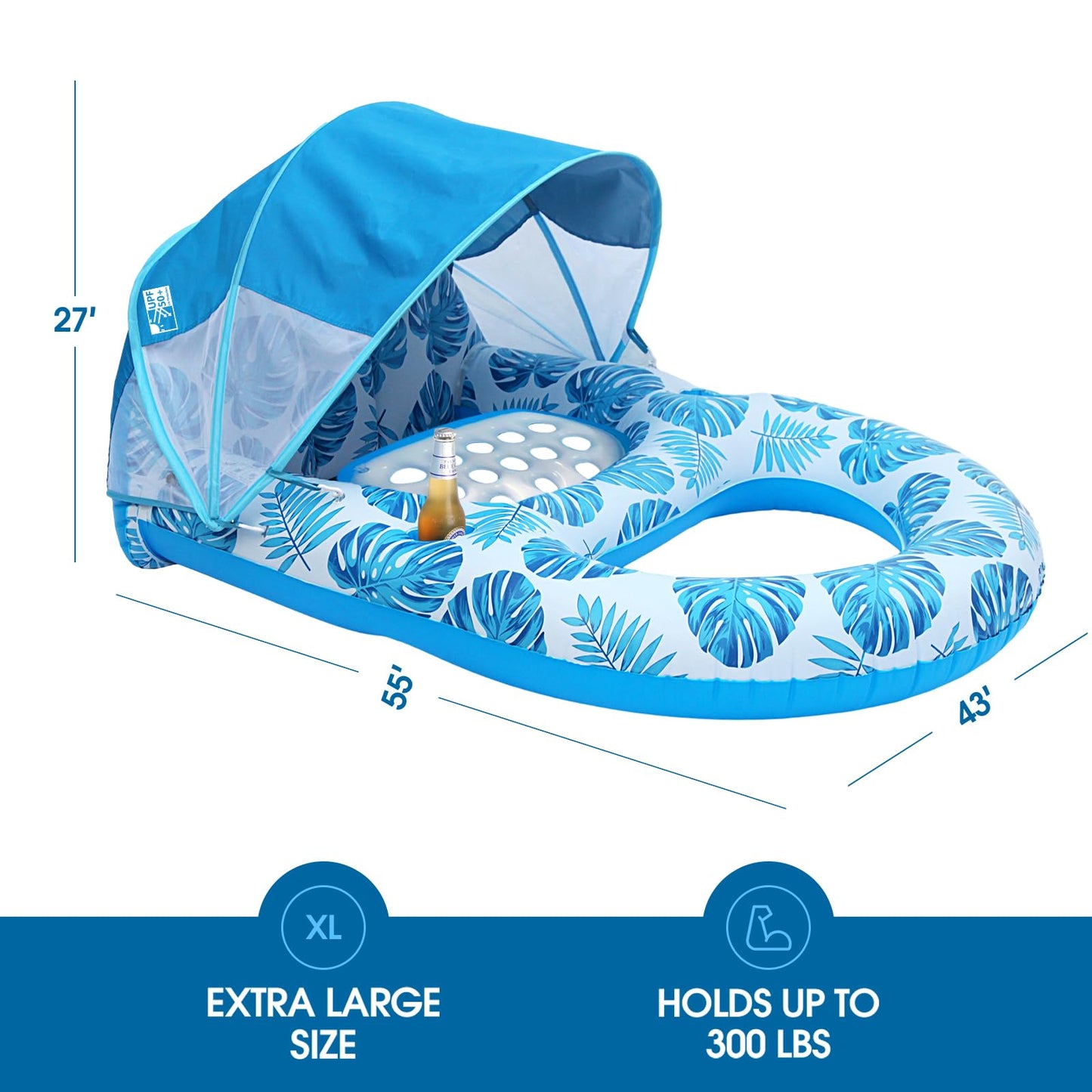 COOLCOOLDEE Pool Lounge Float with Canopy – UPF50+ Shade, Extra Large, Heavy-Duty Inflatable Lounger