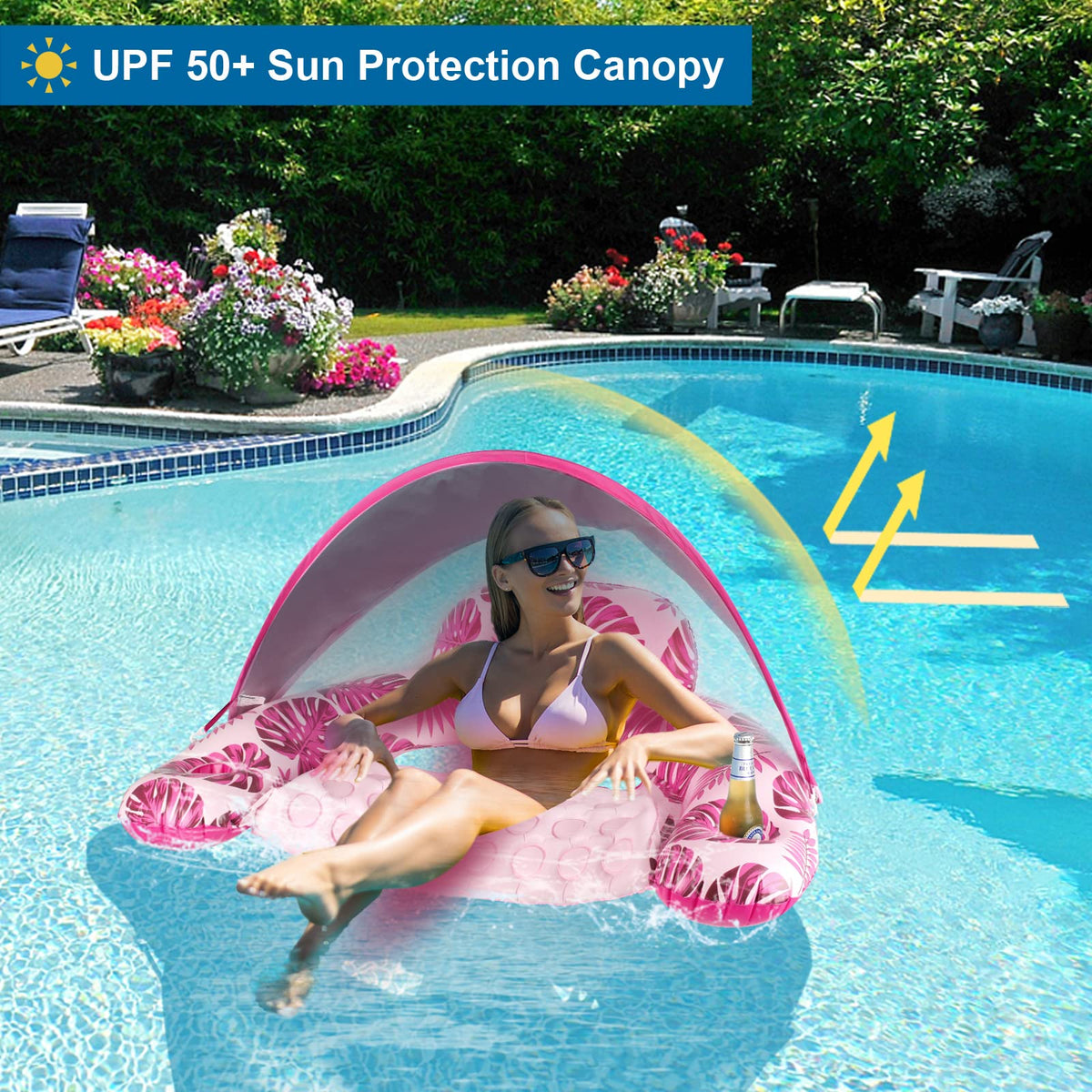 COOLCOOLDEE Pool Float with Canopy – XL Lounge Chair with Cup Holders