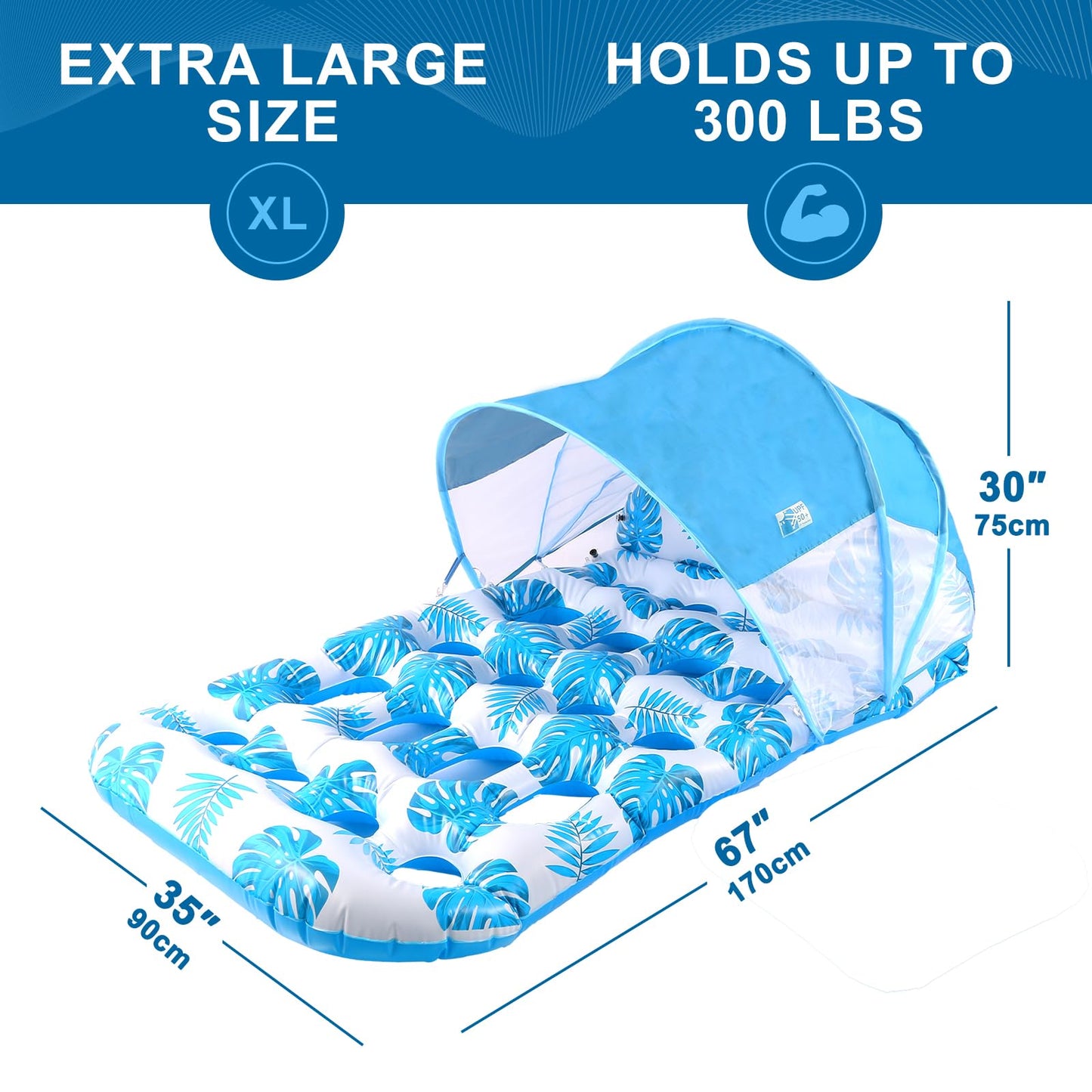 COOLCOOLDEE Inflatable Pool Float with UPF 50+ Canopy | Extra Large Lounger, Headrest & Cup Holder