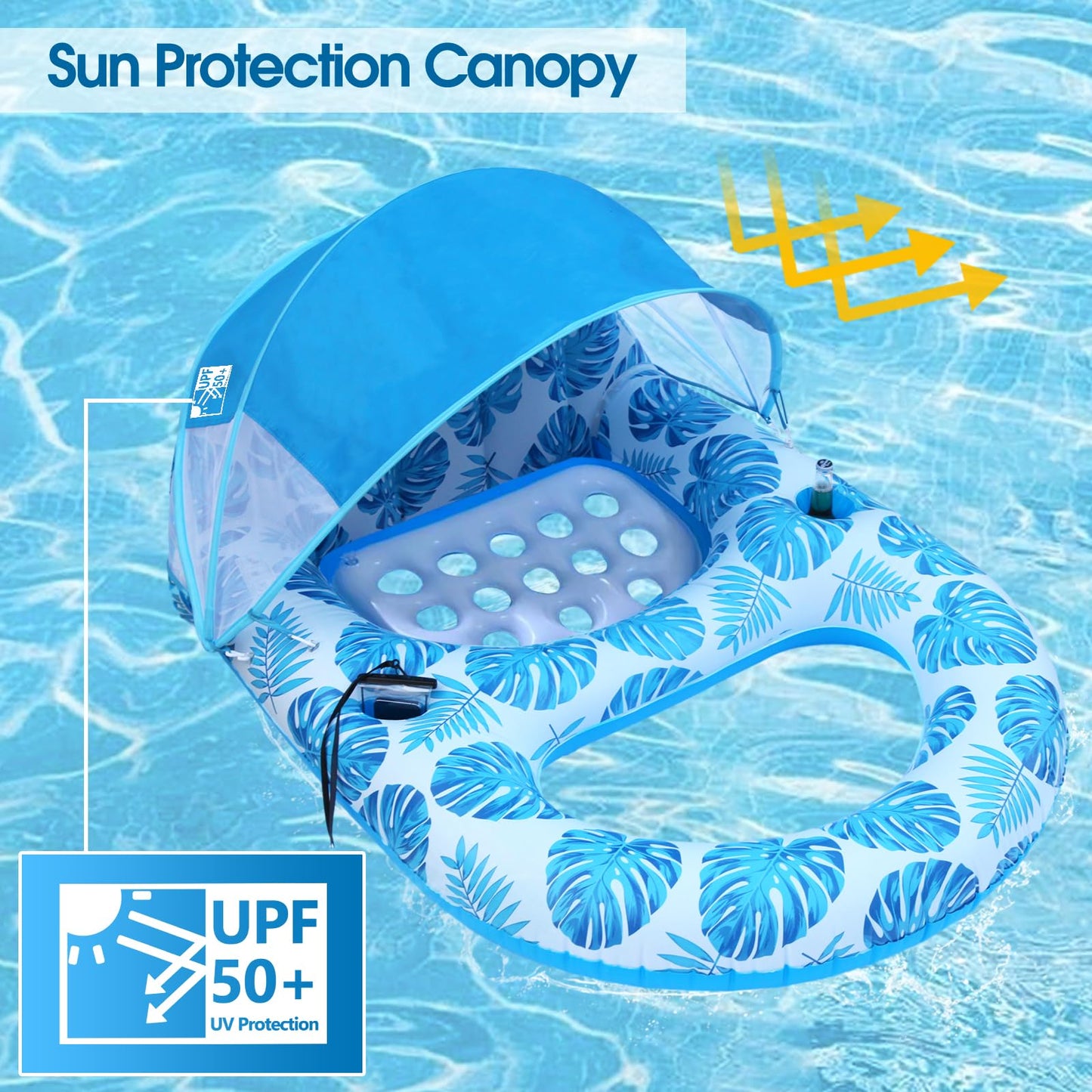 COOLCOOLDEE Pool Lounge Float with Canopy – UPF50+ Shade, Extra Large, Heavy-Duty Inflatable Lounger