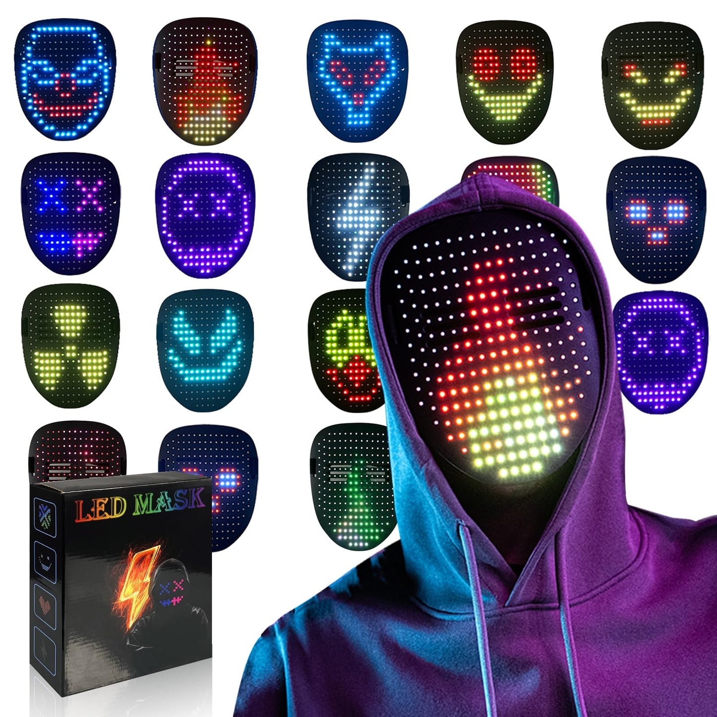 COOLGUARDER LED Mask with Gesture Sensing – 50 Patterns for Cosplay, Halloween & Parties