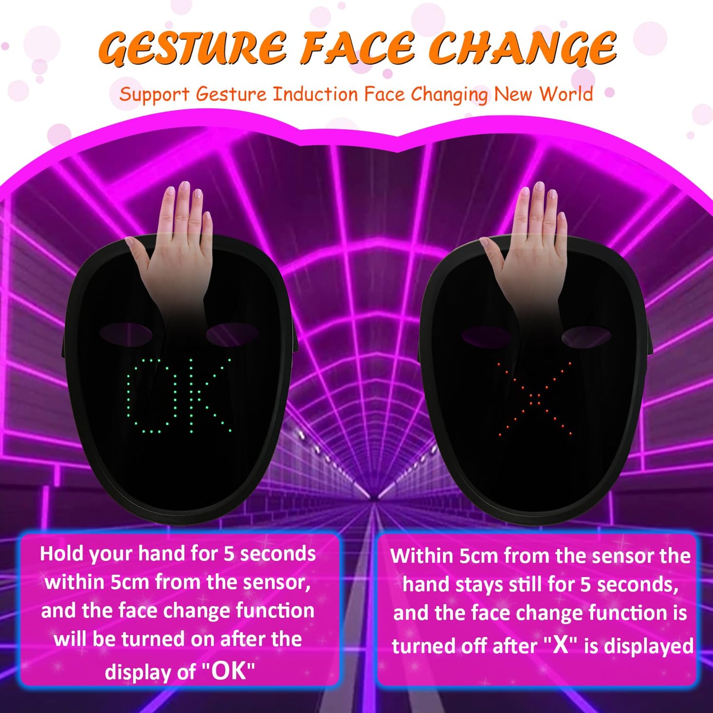COOLGUARDER Kids LED Mask with Gesture Sensing – 70 Patterns for Halloween & Cosplay