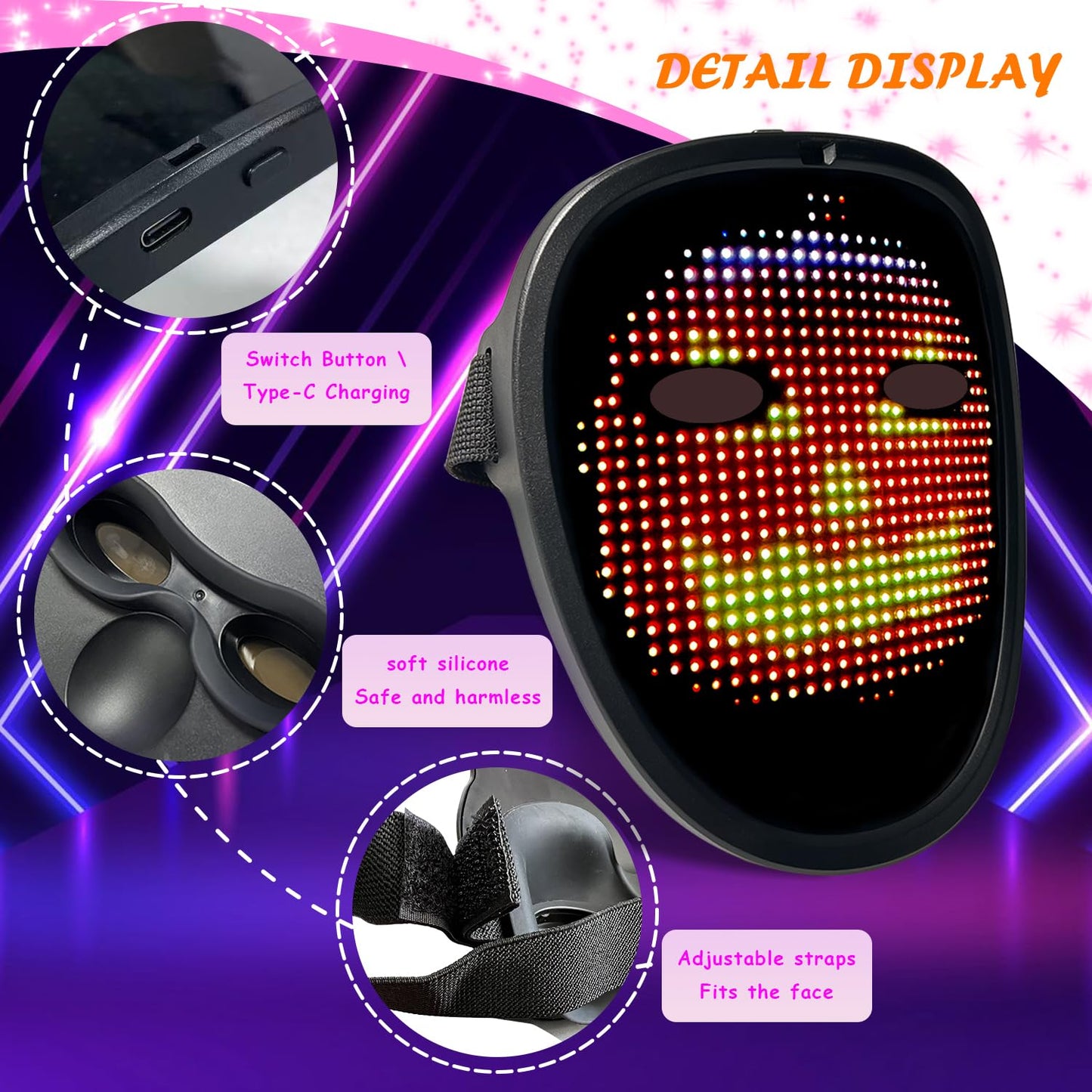COOLGUARDER Kids LED Mask with Gesture Sensing – 70 Patterns for Halloween & Cosplay