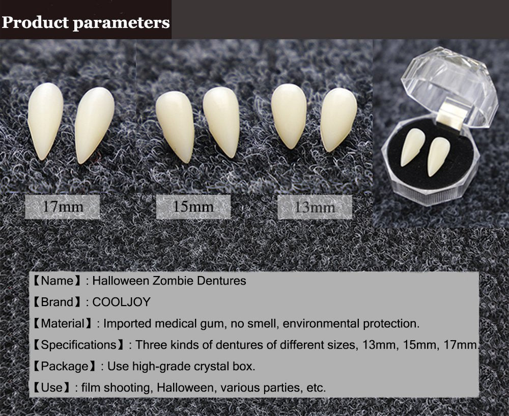 COOLJOY 3 Sizes Vampire Fangs with Adhesive – Halloween Cosplay Props, White Horror Teeth