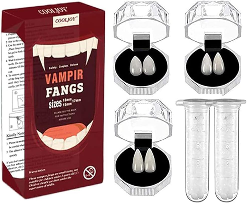 COOLJOY 3 Sizes Vampire Fangs with Adhesive – Halloween Cosplay Props, White Horror Teeth