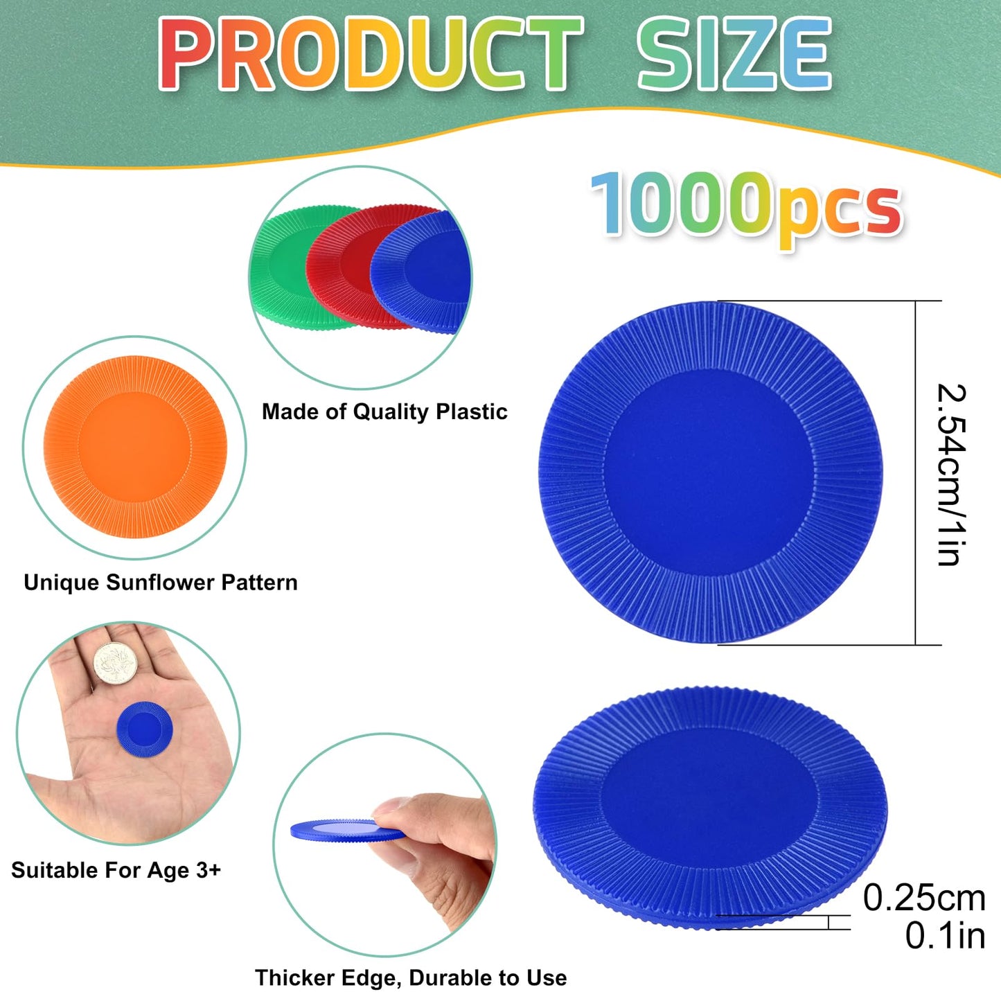 Coopay 1000-Piece Multi-Color Plastic Poker Chips — 1 Inch Bingo Counters for Math Practice & Classroom Activities