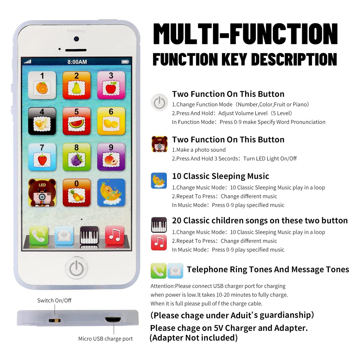 Cooplay White YPhone Toy – Music & Language Learning Phone for Toddlers