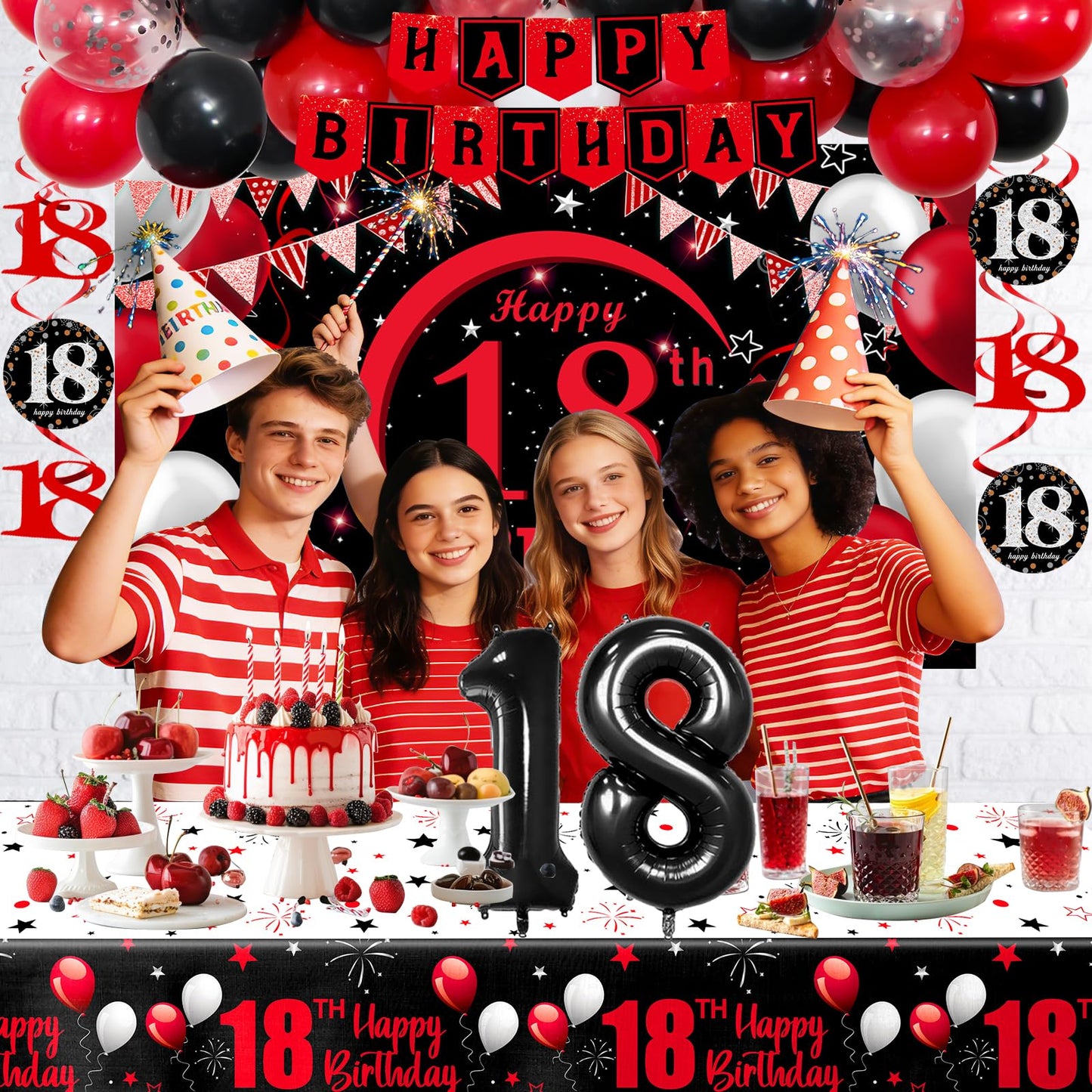 Coosilion Happy 18th Birthday Decorations — Red & Black 18th Banner, Balloons, Backdrop & Centerpieces