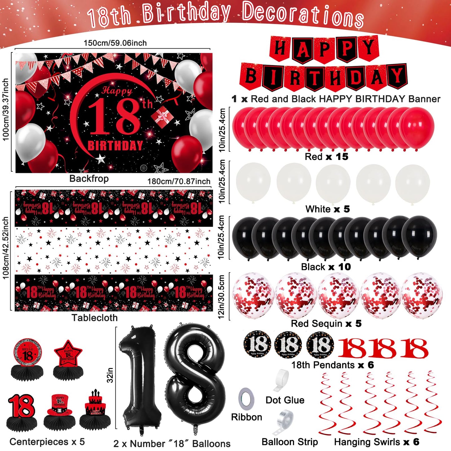 Coosilion Happy 18th Birthday Decorations — Red & Black 18th Banner, Balloons, Backdrop & Centerpieces
