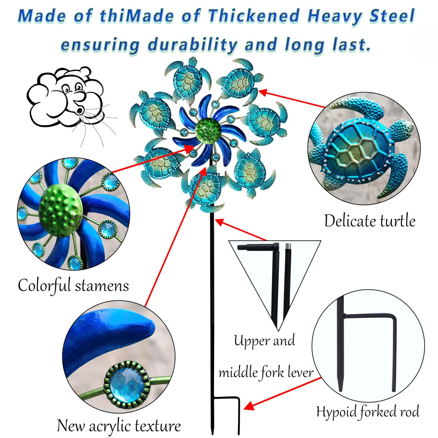 COOZZYHOUR 39-inch Sea Turtle Wind Spinner Stake – Metal Garden Decor for Patio, Lawn & Garden