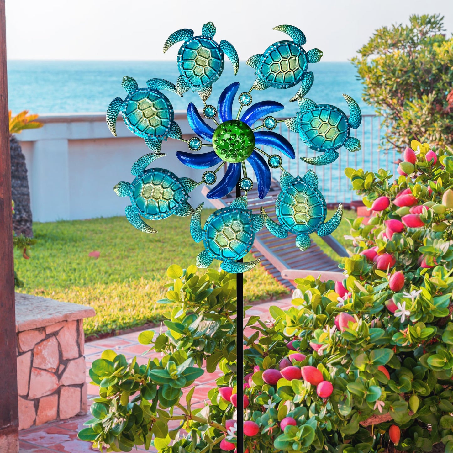 COOZZYHOUR 39-inch Sea Turtle Wind Spinner Stake – Metal Garden Decor for Patio, Lawn & Garden