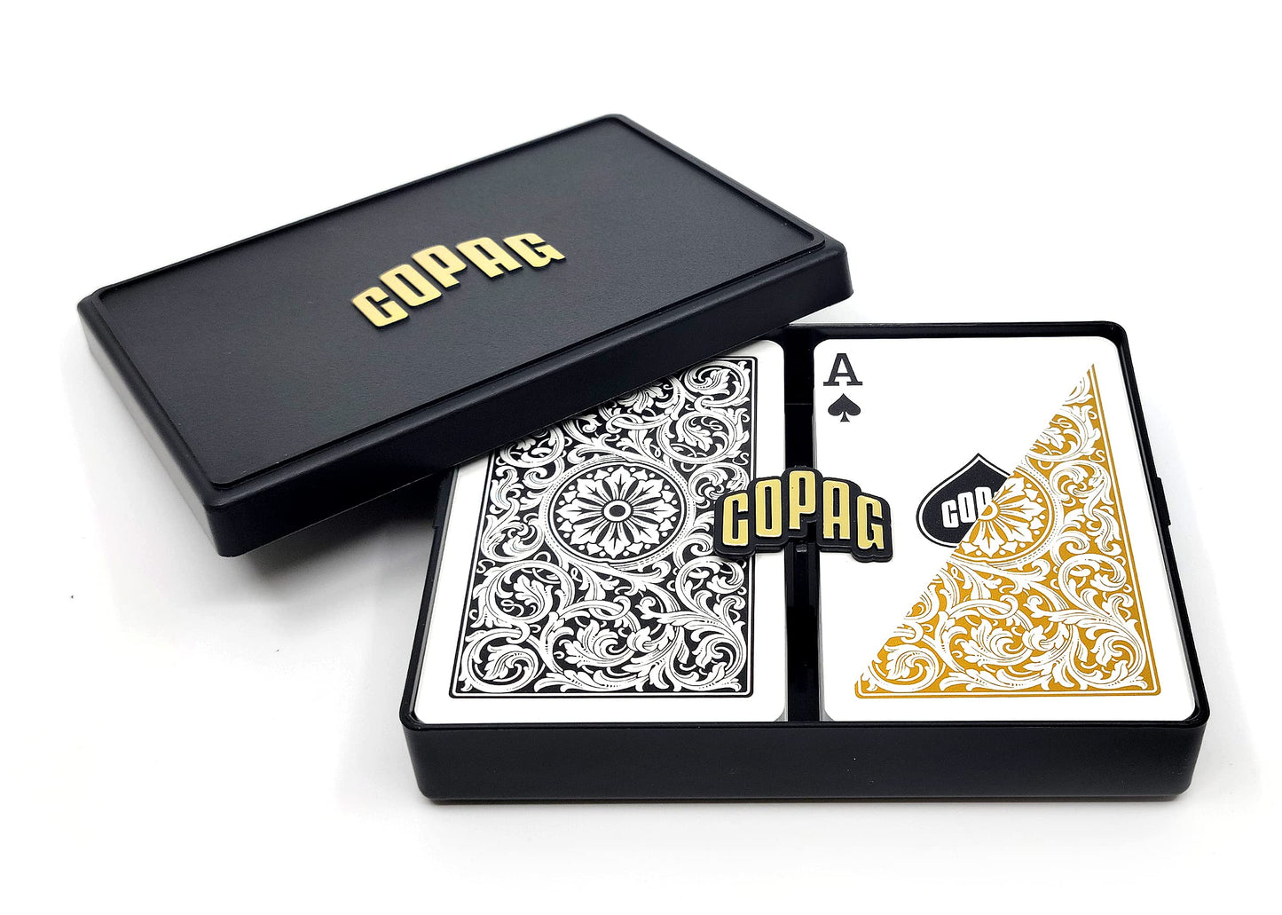 Copag 1546 Design 100% Plastic Playing Cards – Bridge Size (Narrow) Black/Gold | 1 Set