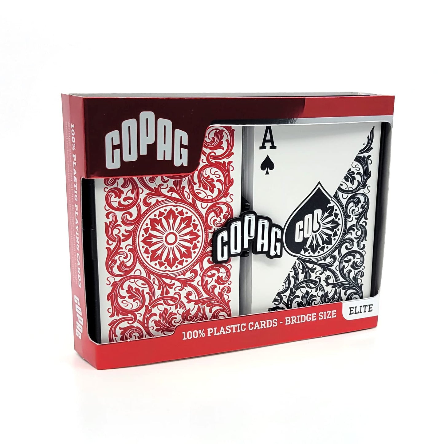 Copag 1546 Design 100% Plastic Playing Cards – Bridge Size Narrow, Red/Black Double Deck (Regular Index)