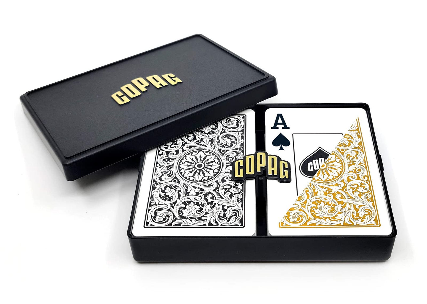 Copag 1546 Design 100% Plastic Playing Cards – Bridge Size (Narrow), Black/Gold, Jumbo Index | 1 Set