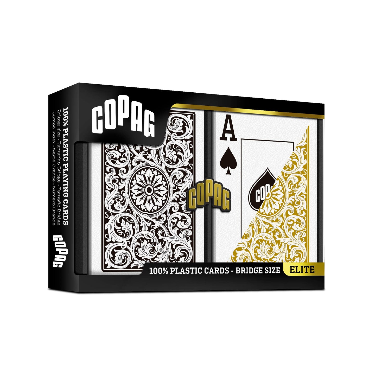 Copag 1546 Design 100% Plastic Playing Cards – Bridge Size (Narrow), Black/Gold, Jumbo Index | 1 Set