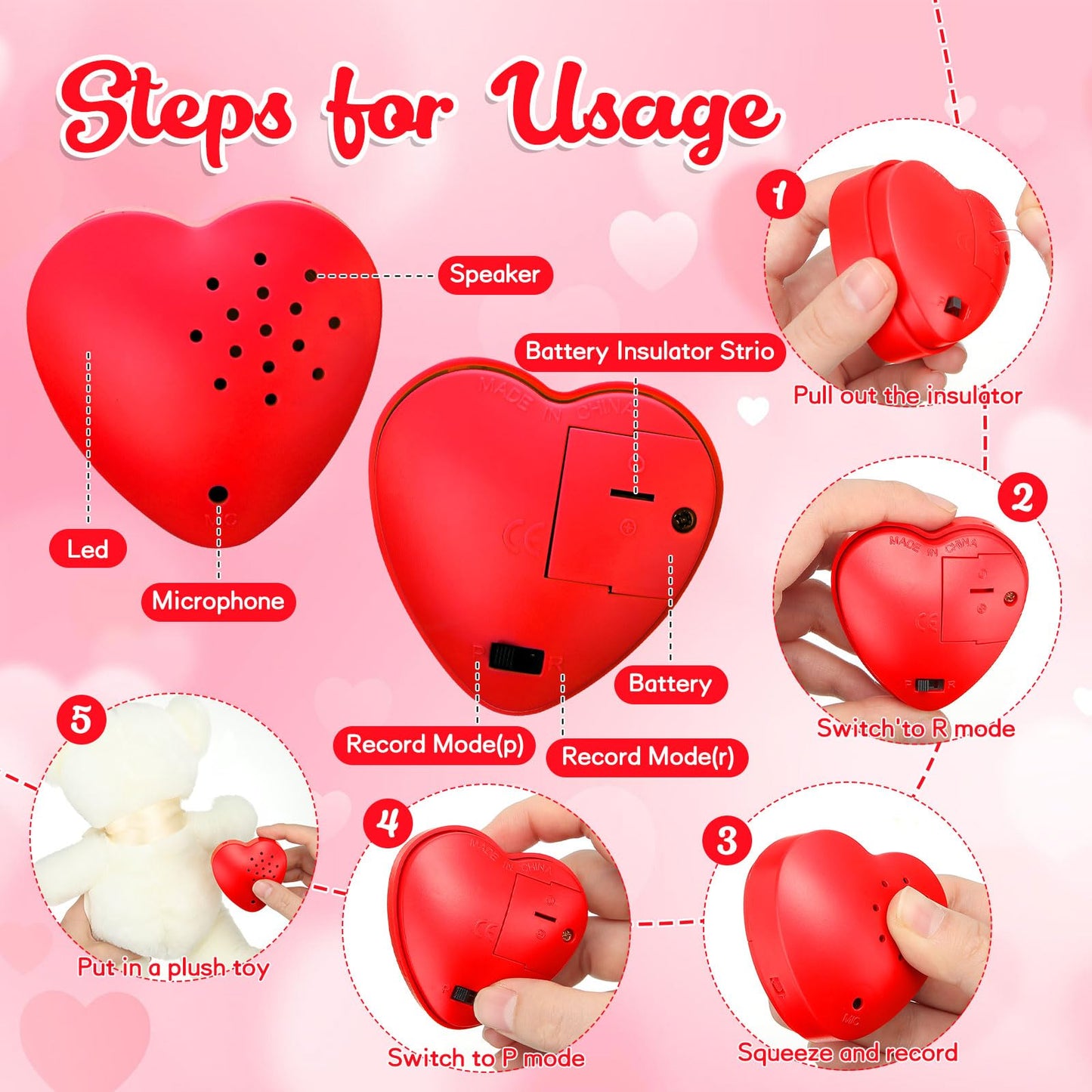 Copkim 3-Piece 20-Second Valentine's Voice Recorder for Heart-Shaped Plush – Gift Message Device