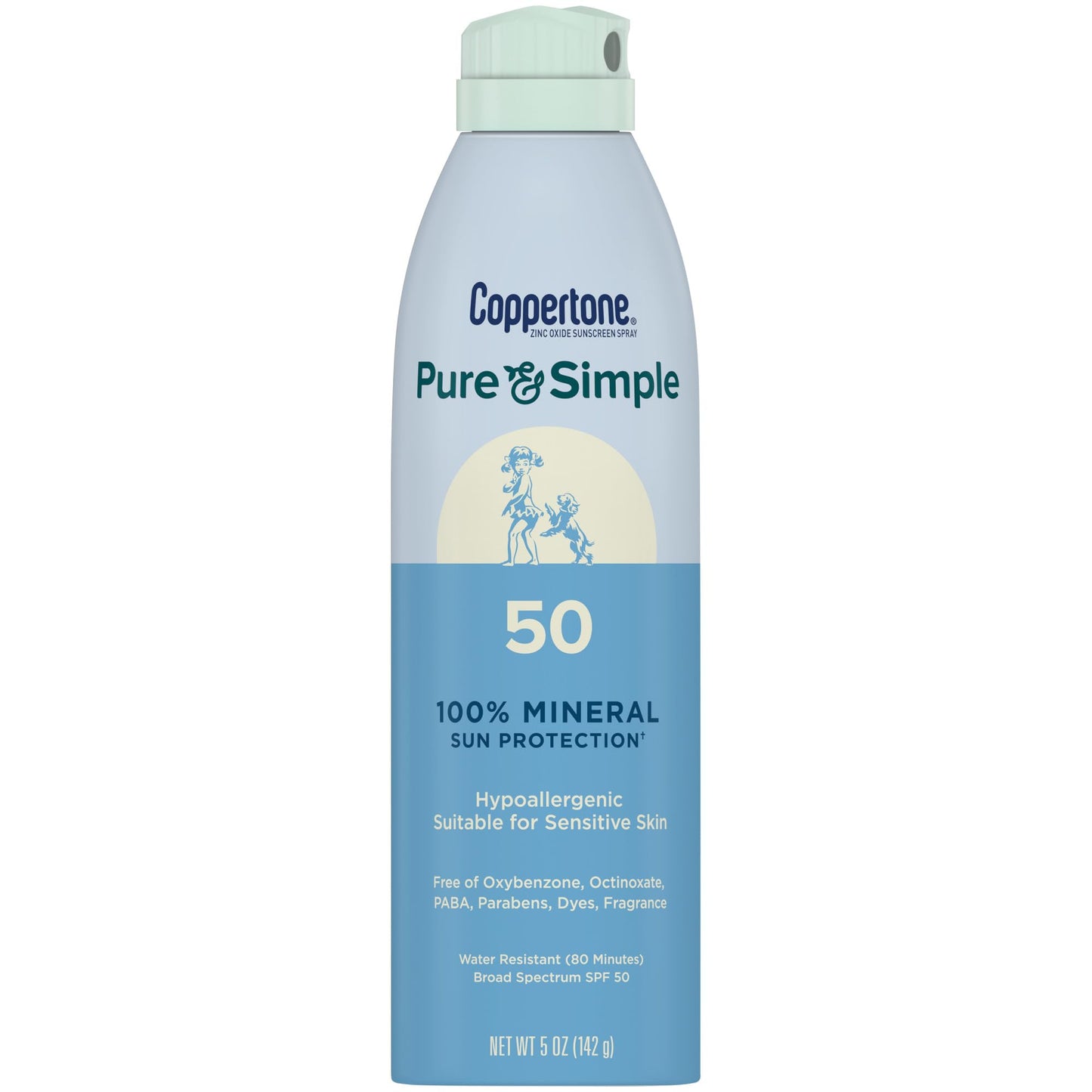 Coppertone Pure & Simple Zinc Oxide SPF 50 Spray – Fragrance-Free, Water-Resistant (5 oz)