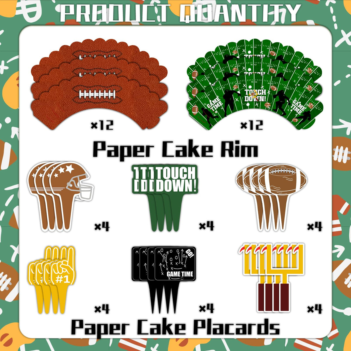 CoquetteBow012 48Pcs Football Cupcake Toppers & Wrappers | Football Theme Party Decor