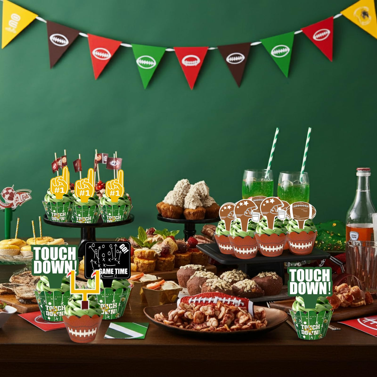 CoquetteBow012 48Pcs Football Cupcake Toppers & Wrappers | Football Theme Party Decor