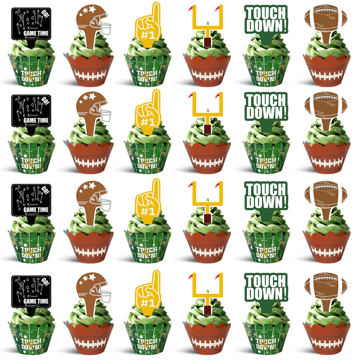 CoquetteBow012 48Pcs Football Cupcake Toppers & Wrappers | Football Theme Party Decor