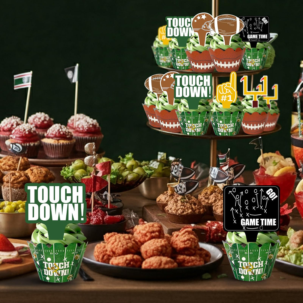 CoquetteBow012 48Pcs Football Cupcake Toppers & Wrappers | Football Theme Party Decor