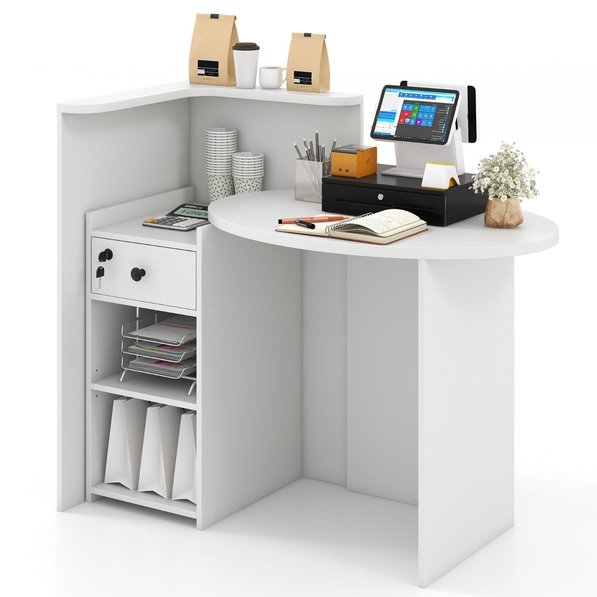 Corner Front Reception Counter Desk with Lockable Drawer-Black