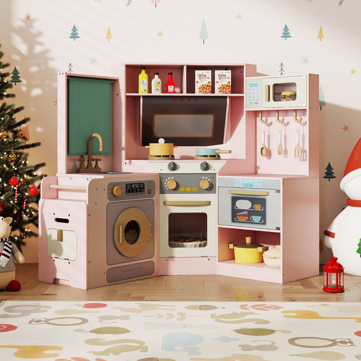 Corner Kitchen Playset with Pull-out Trash Can-Light Grey