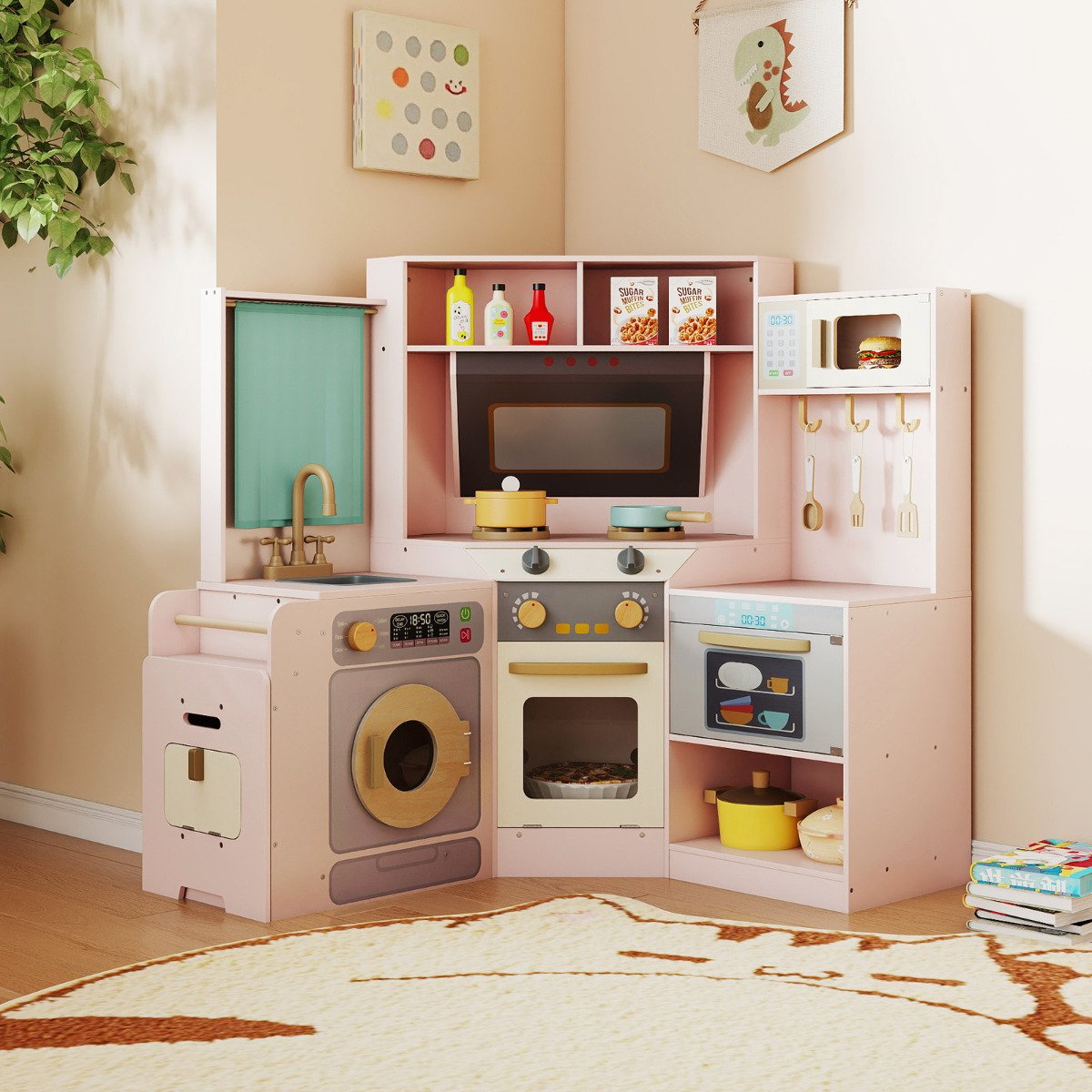 Corner Kitchen Playset with Pull-out Trash Can-Light Grey