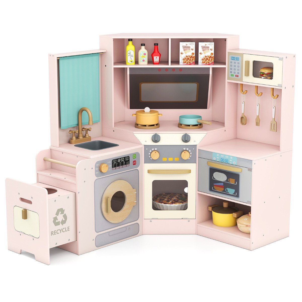 Corner Kitchen Playset with Pull-out Trash Can-Light Grey