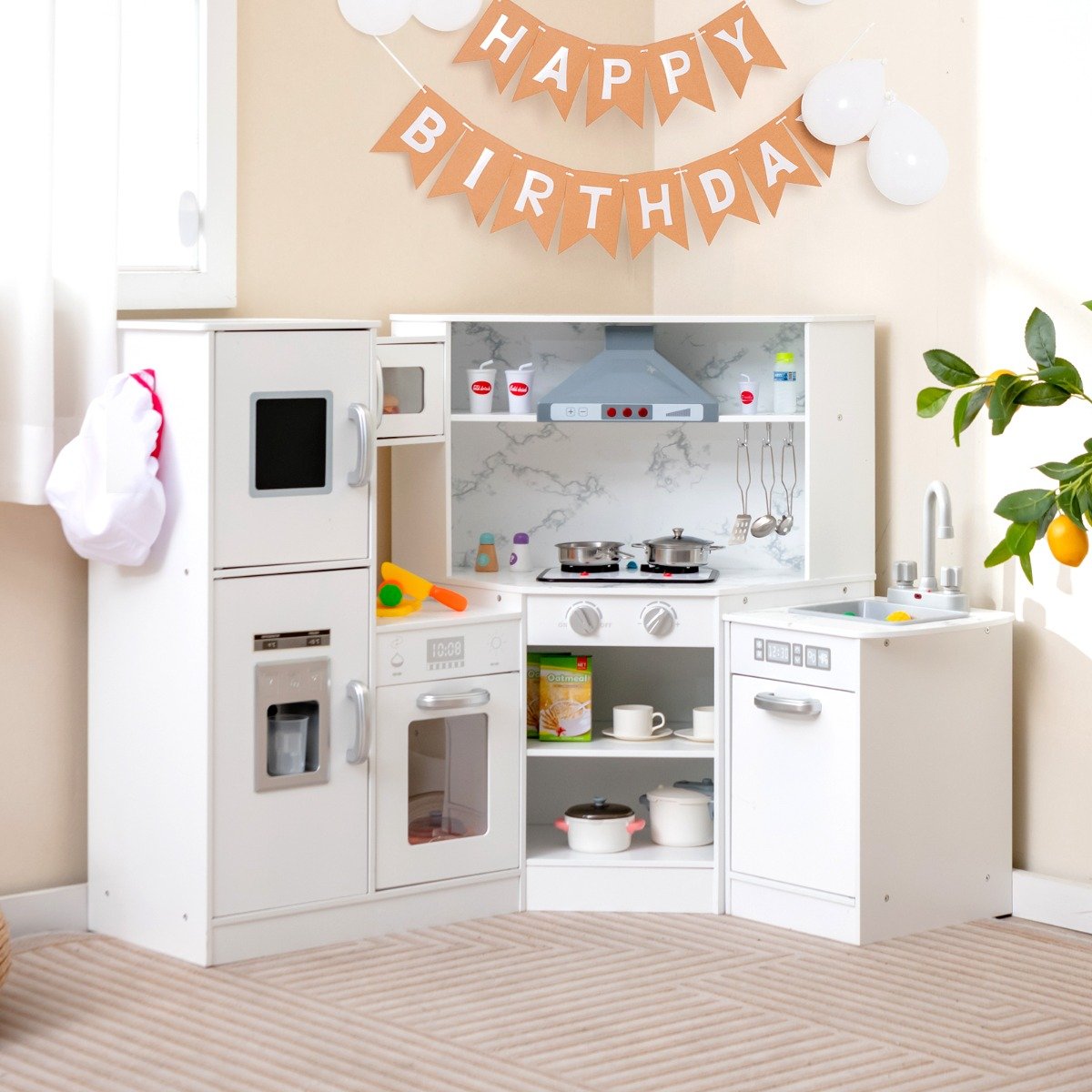 Kids Corner Kitchen Playset with Separated Washing Basin-Coffee