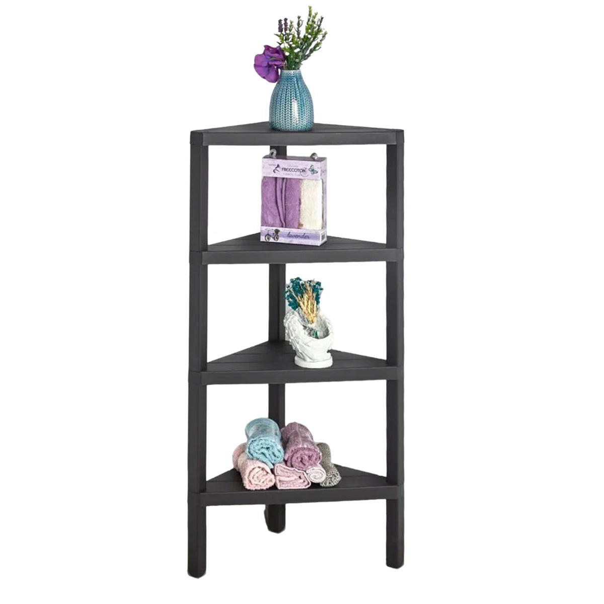 4-Tier Corner Shelf Stand with Open Slatted Shelves-Grey