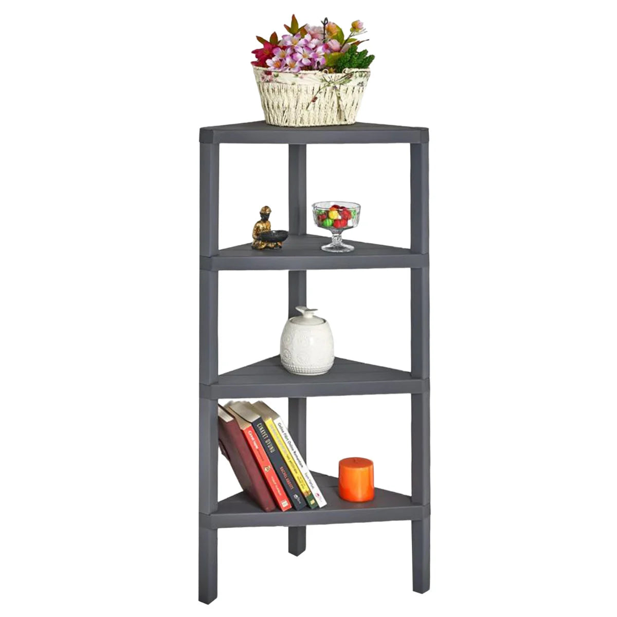 4-Tier Corner Shelf Stand with Open Slatted Shelves-Grey