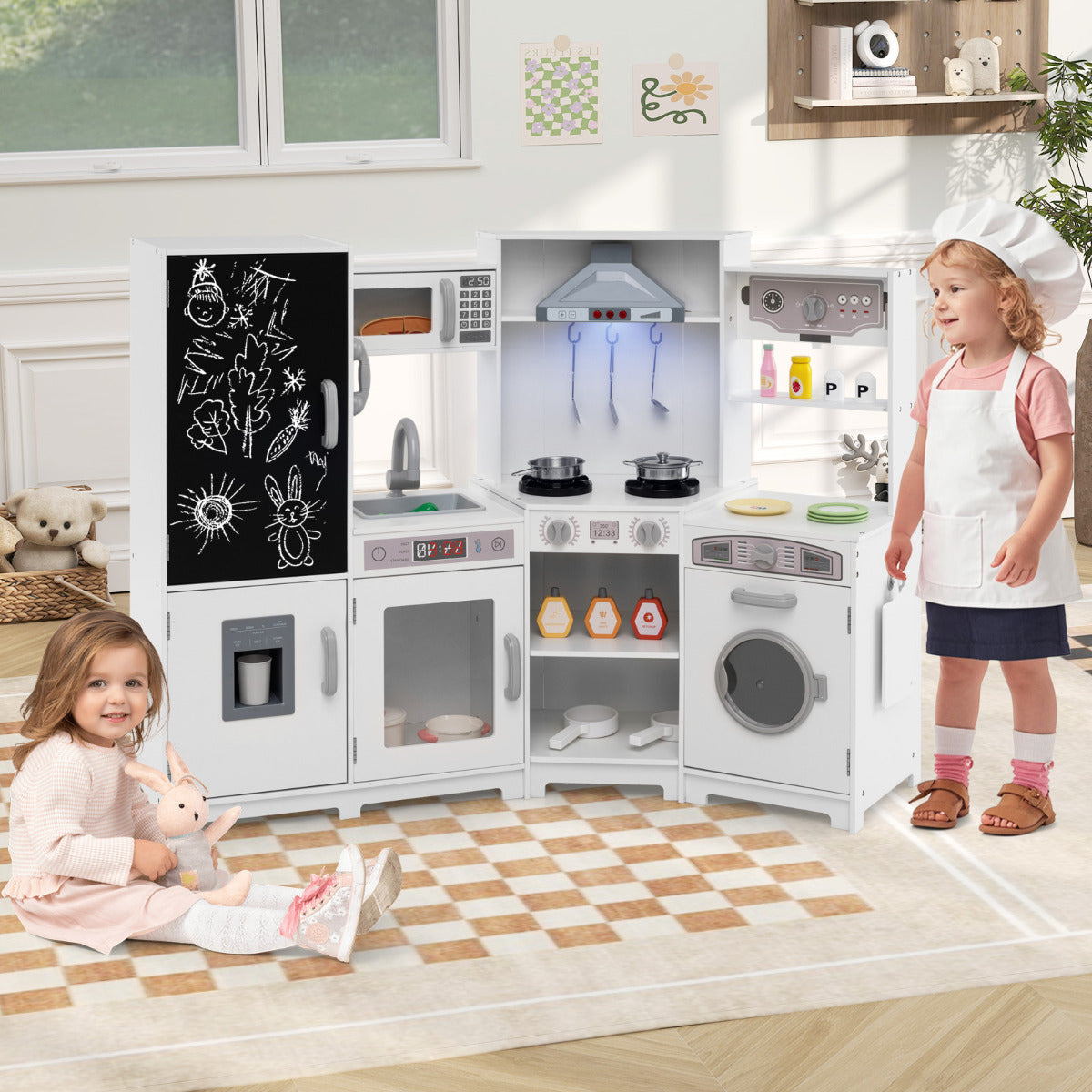 Corner Wooden Play Kitchen with Lights Sounds Toy Kitchen Playset-Pink