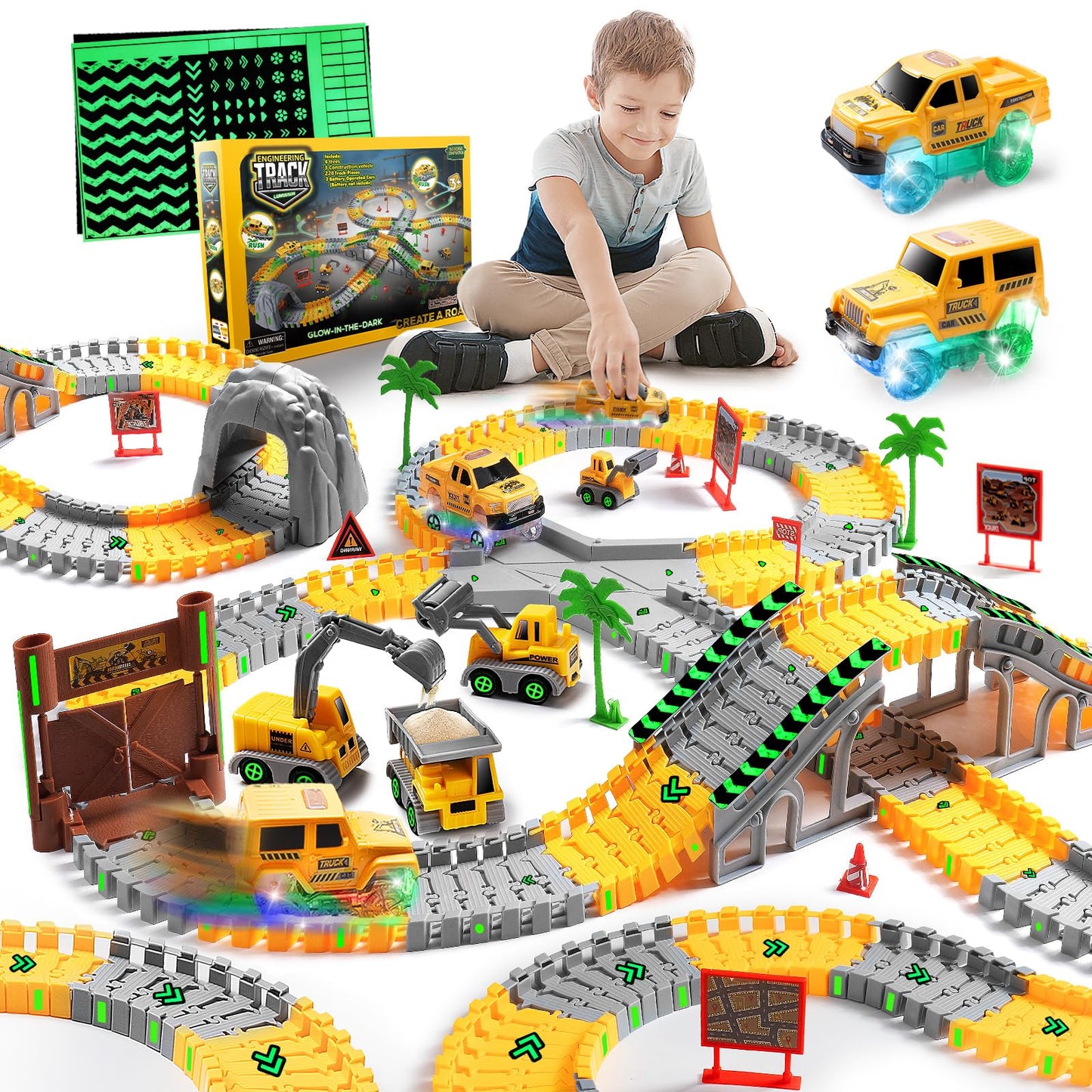 Coroiesty 264 PCS Construction Race Tracks – Glow in the Dark DIY Track Set with 2 Light Up Cars