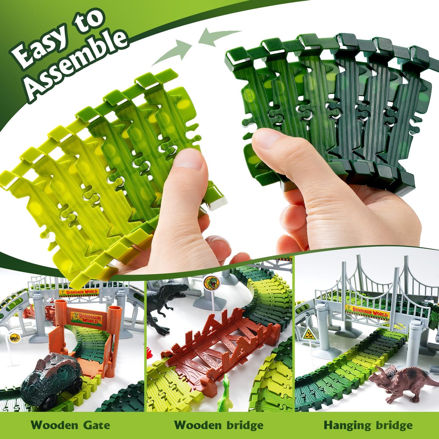 Coroiesty 268 PCS Dinosaur Race Track Glow Set – 2 Cars, Flexible DIY Tracks (Ages 3-9)