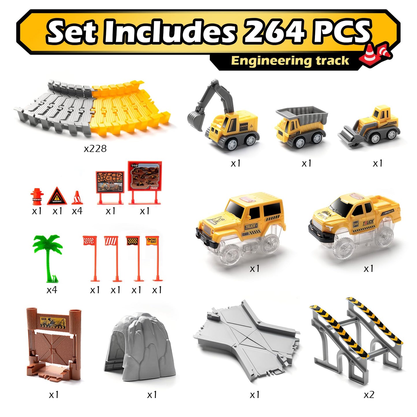 Coroiesty 264 PCS Construction Race Tracks – Glow in the Dark DIY Track Set with 2 Light Up Cars
