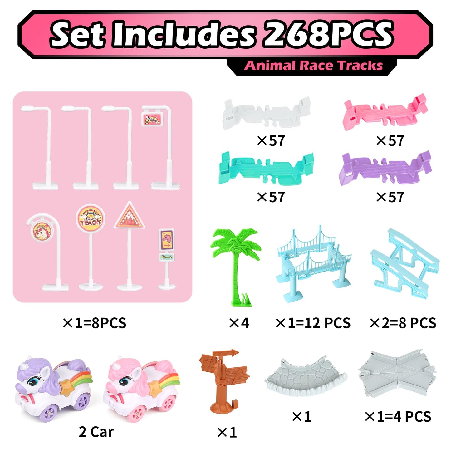 Coroiesty 268-Piece Unicorn Race Tracks Glow-in-the-Dark Toy Set | 2 Unicorn Cars & Flexible DIY Track