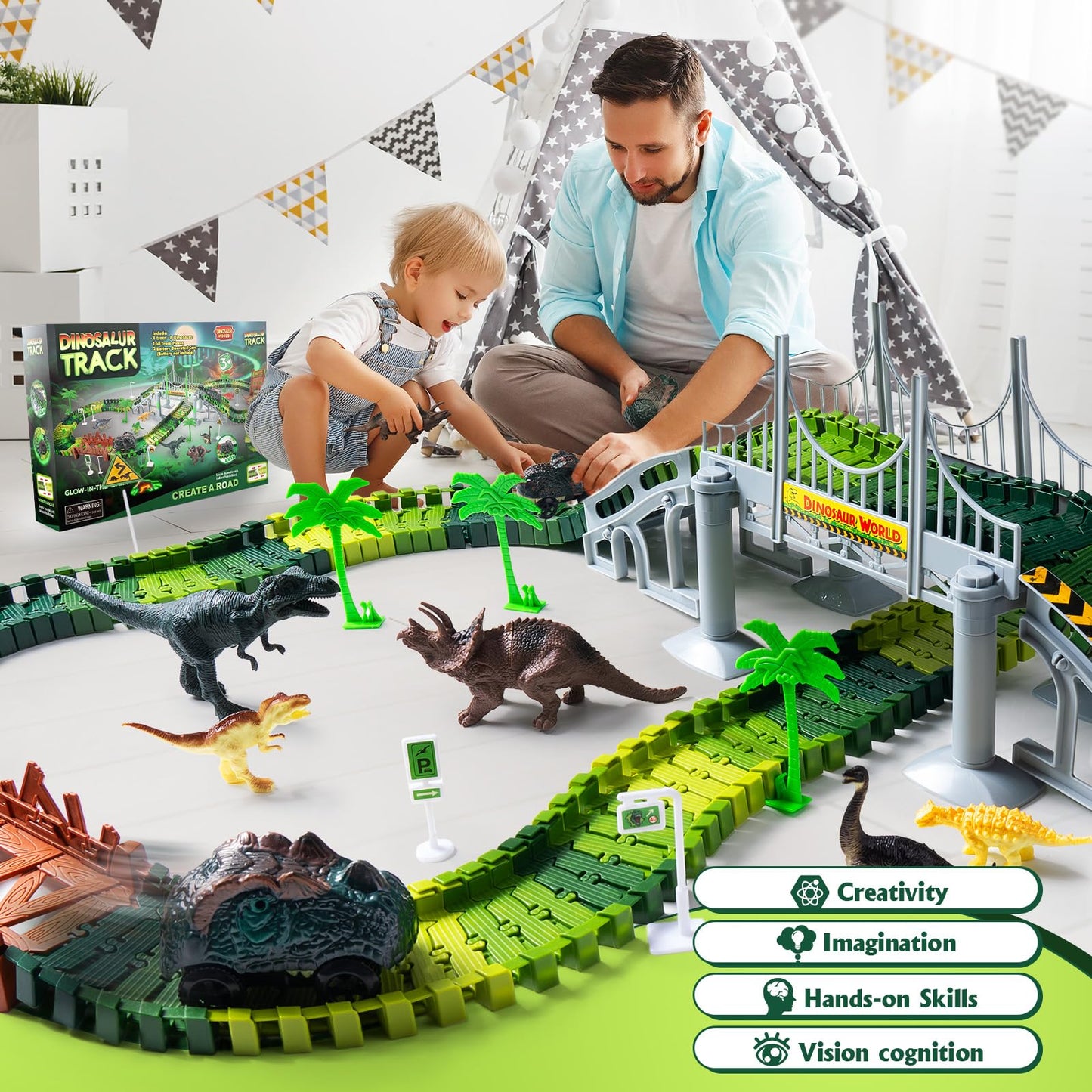 Coroiesty 268 PCS Dinosaur Race Track Glow Set – 2 Cars, Flexible DIY Tracks (Ages 3-9)
