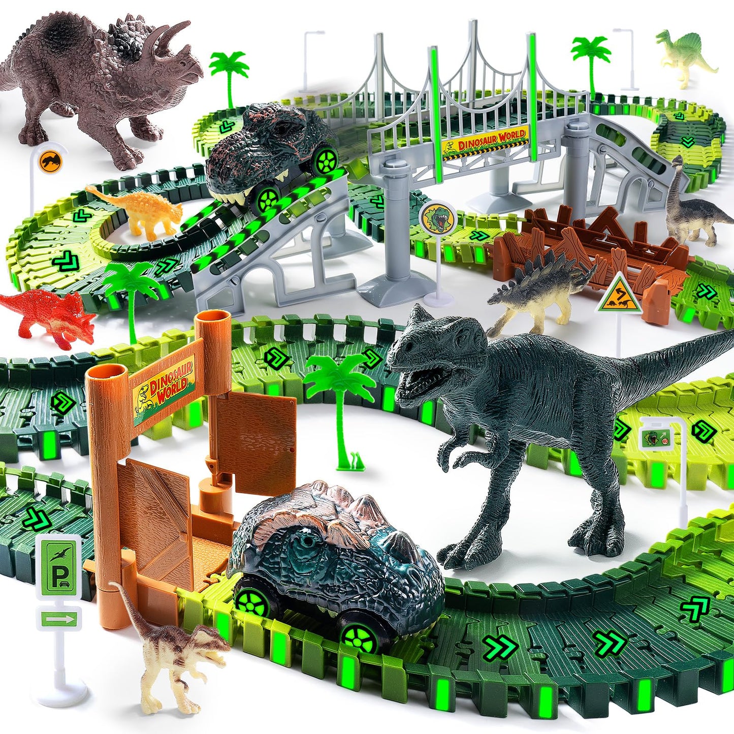 Coroiesty 268 PCS Dinosaur Race Track Glow Set – 2 Cars, Flexible DIY Tracks (Ages 3-9)