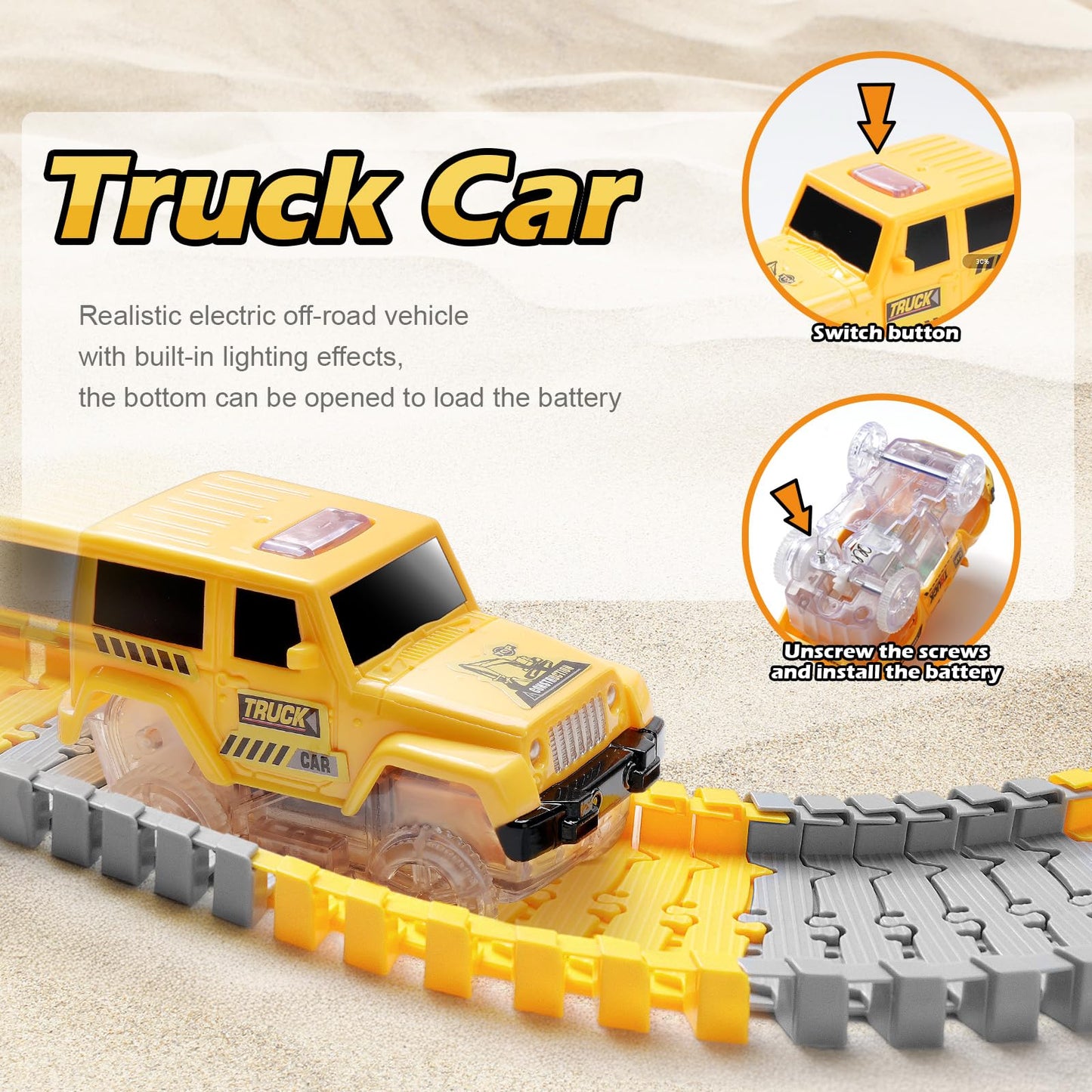 Coroiesty 264 PCS Construction Race Tracks – Glow in the Dark DIY Track Set with 2 Light Up Cars