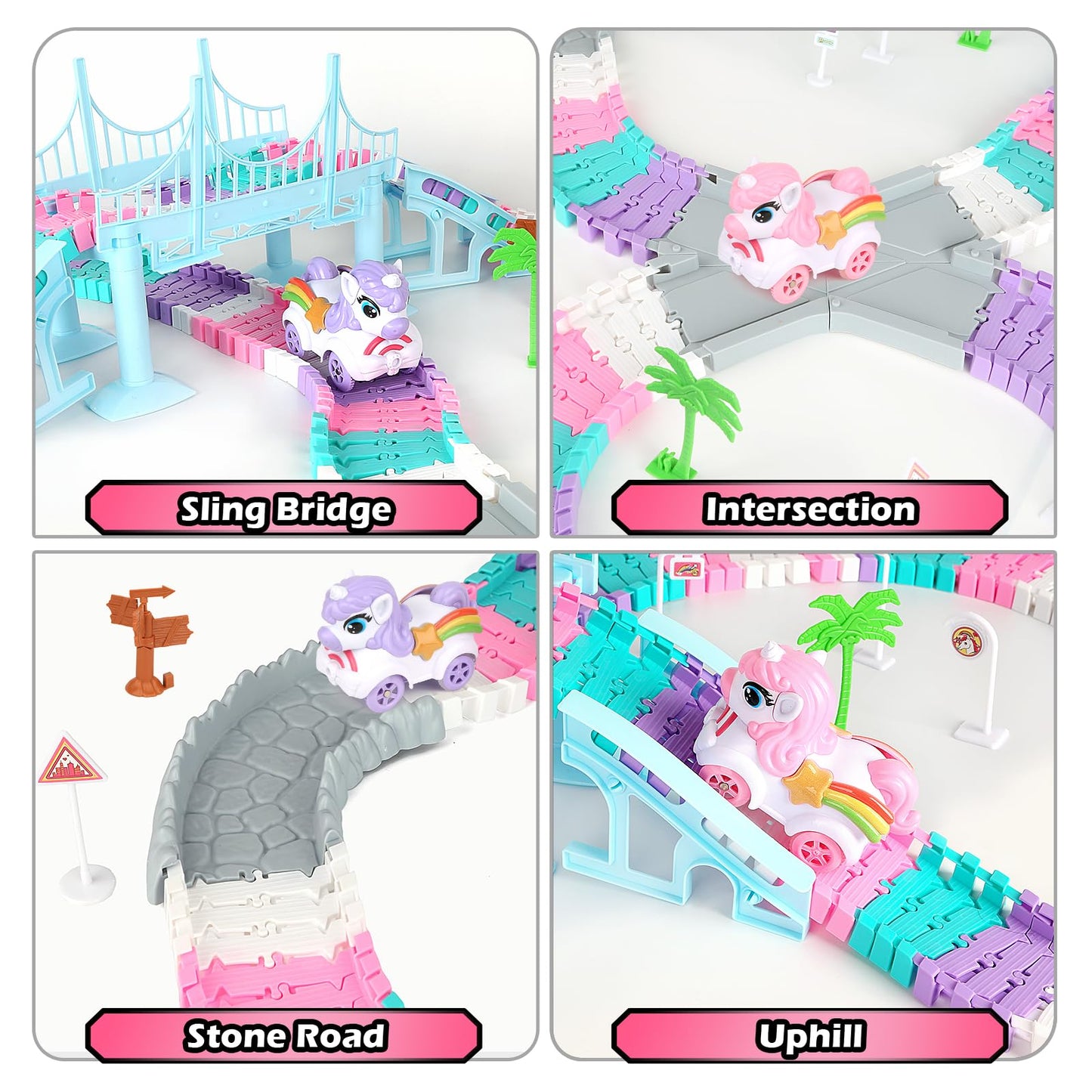 Coroiesty 268-Piece Unicorn Race Tracks Glow-in-the-Dark Toy Set | 2 Unicorn Cars & Flexible DIY Track