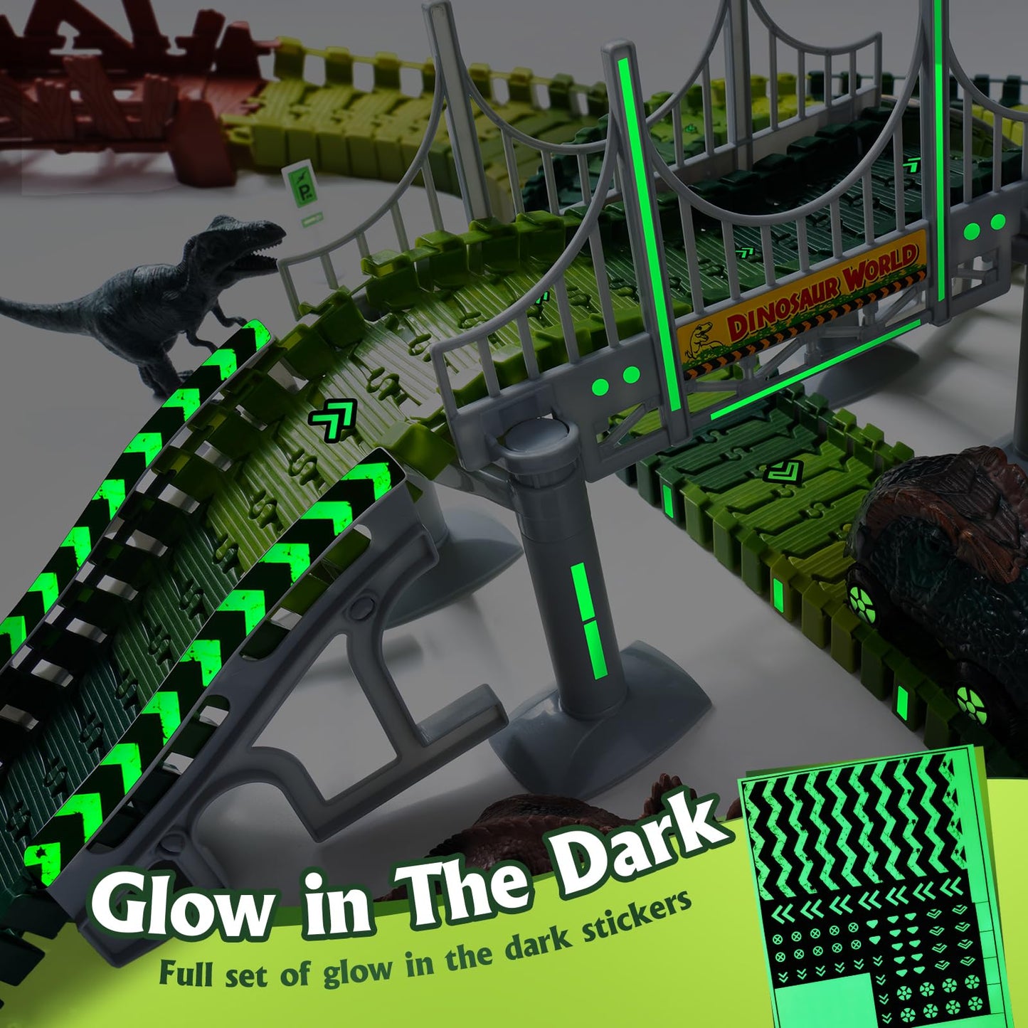 Coroiesty 268 PCS Dinosaur Race Track Glow Set – 2 Cars, Flexible DIY Tracks (Ages 3-9)