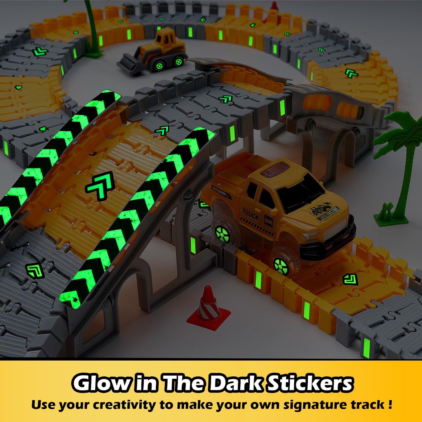 Coroiesty 264 PCS Construction Race Tracks – Glow in the Dark DIY Track Set with 2 Light Up Cars
