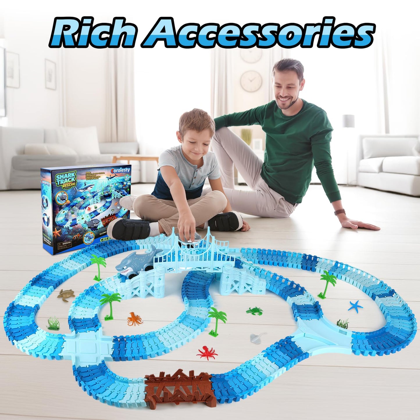 Coroiesty 264 PCS Shark Race Tracks – Glow in the Dark DIY Track Set (2 Shark Cars) for Kids 3-9